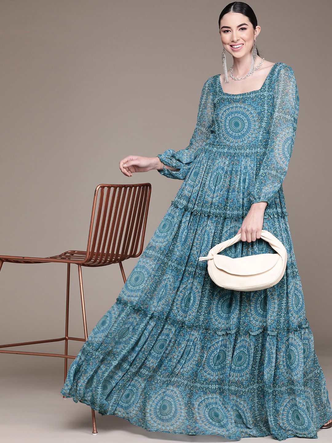 aarke Ritu Kumar Women Blue & Beige Ethnic Motifs Printed Georgette Maxi Dress Price in India