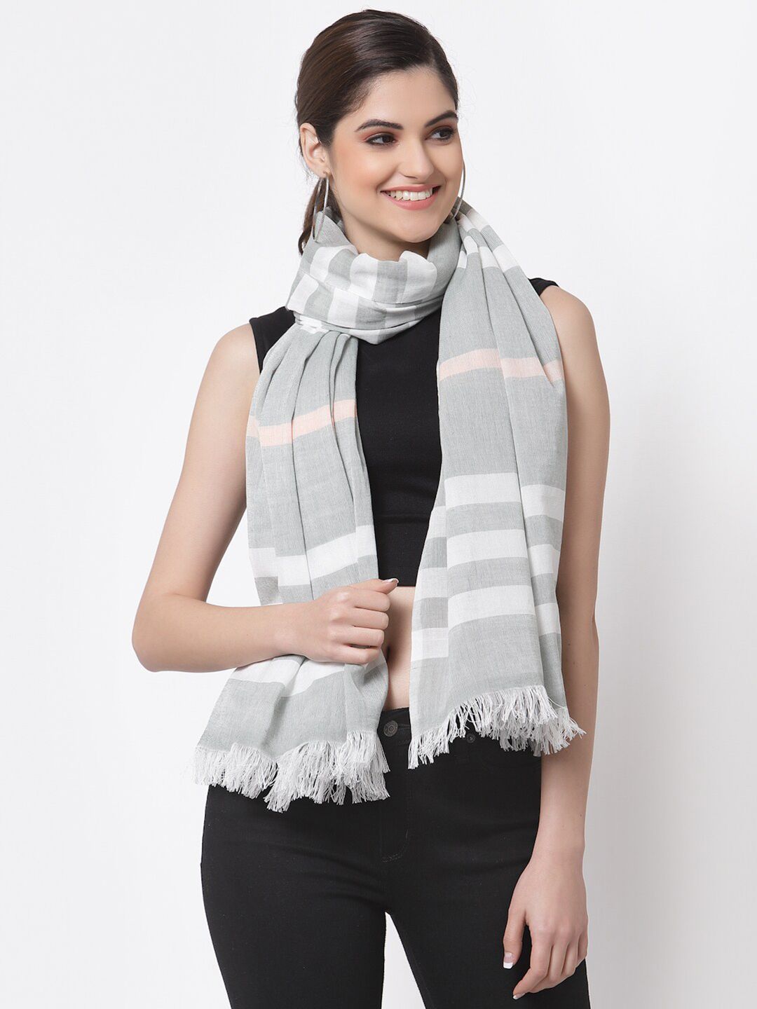 Arrabi Women Grey & White Striped Stole Price in India