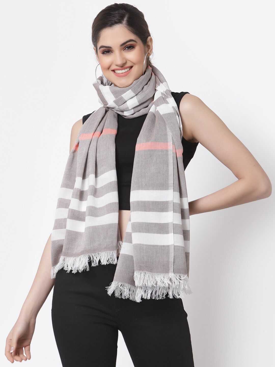 Arrabi Women Grey & White Striped Stole Price in India