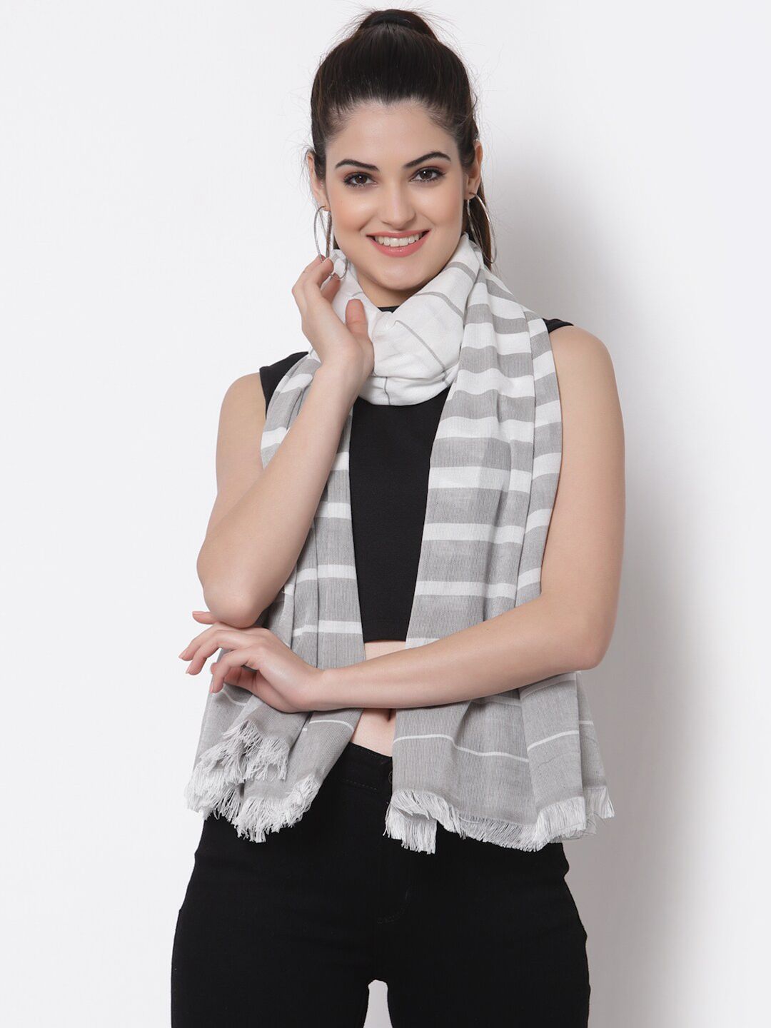 Arrabi Women Grey & White Striped Cotton Stole Price in India