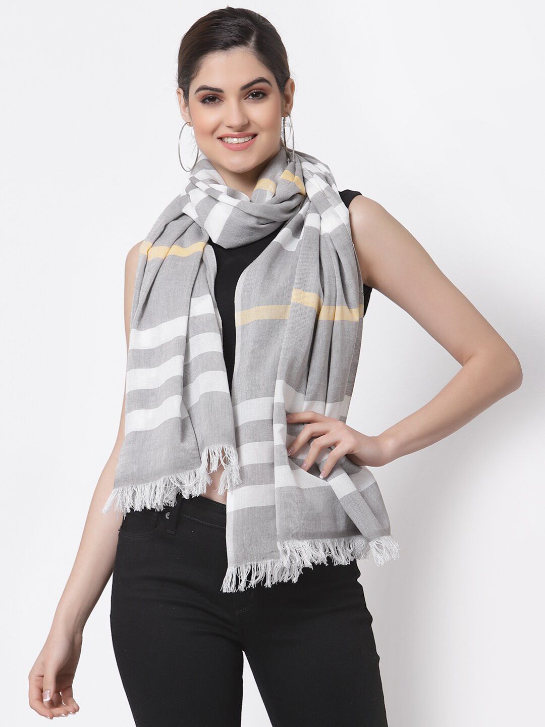 Arrabi Women Grey & White Striped Stole Price in India