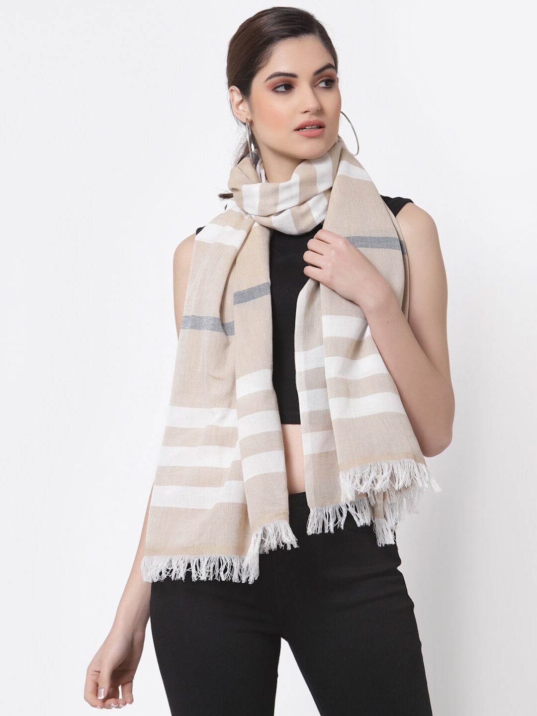 Arrabi Women Brown & White Striped Stole Price in India