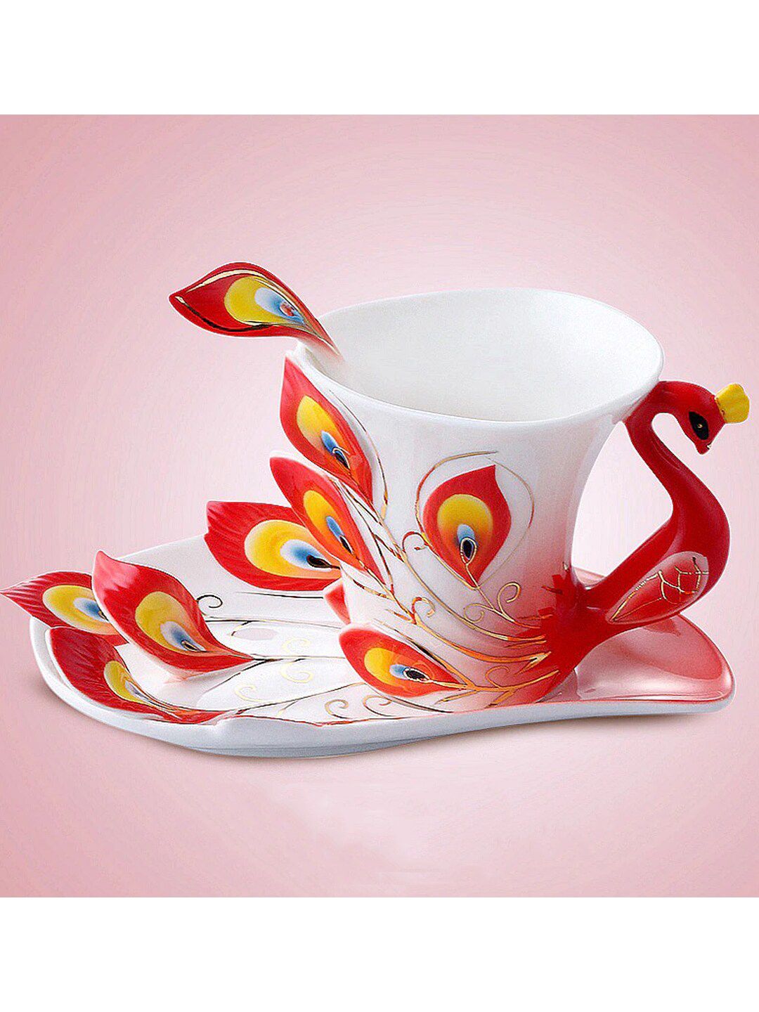 BonZeaL Red & White 3D Peacock Printed Ceramic Glossy Cup and Saucer with Spoon Price in India