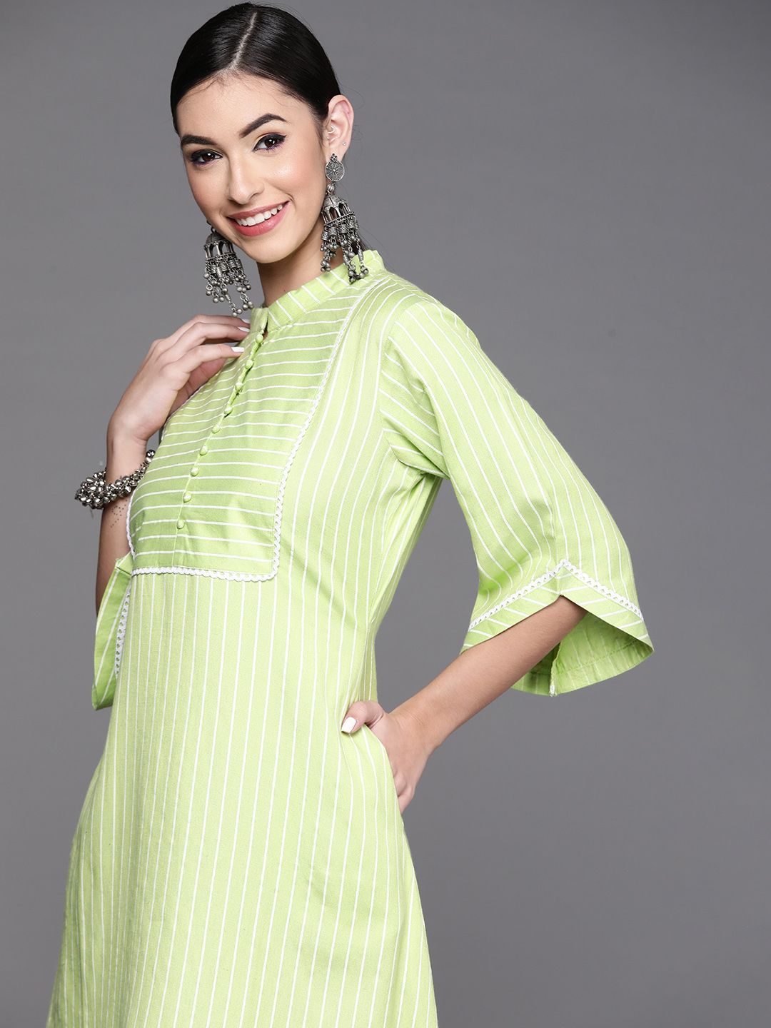 Libas Lime Green Striped Ethnic Cotton A-Line Midi Dress Price in India