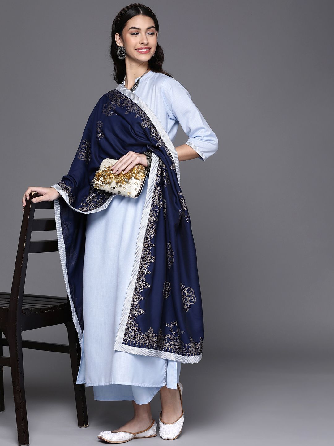 Libas Women Blue Pure Cotton Solid Kurta with Palazzos & Dupatta Price in India