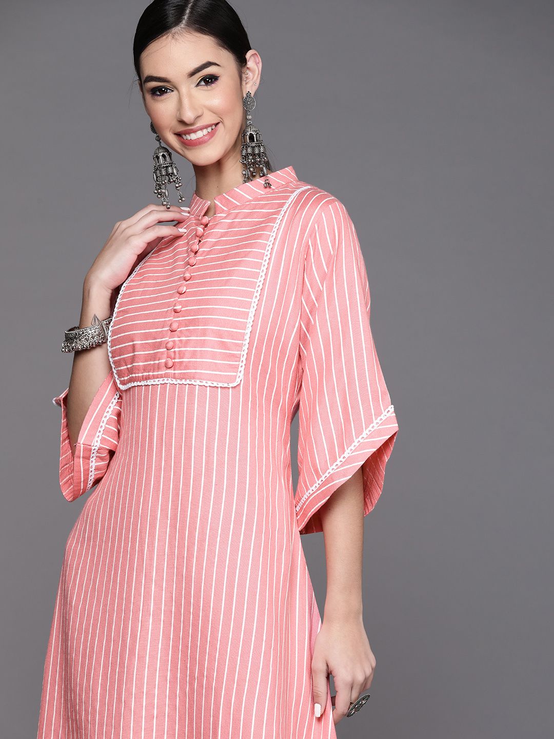 Libas Pink Striped Ethnic Cotton A-Line Midi Dress Price in India