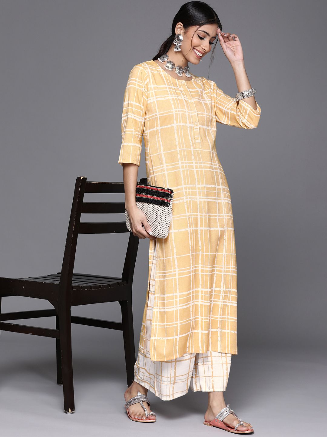 Libas Women Yellow Rayon Checked Printed Kurta Price in India