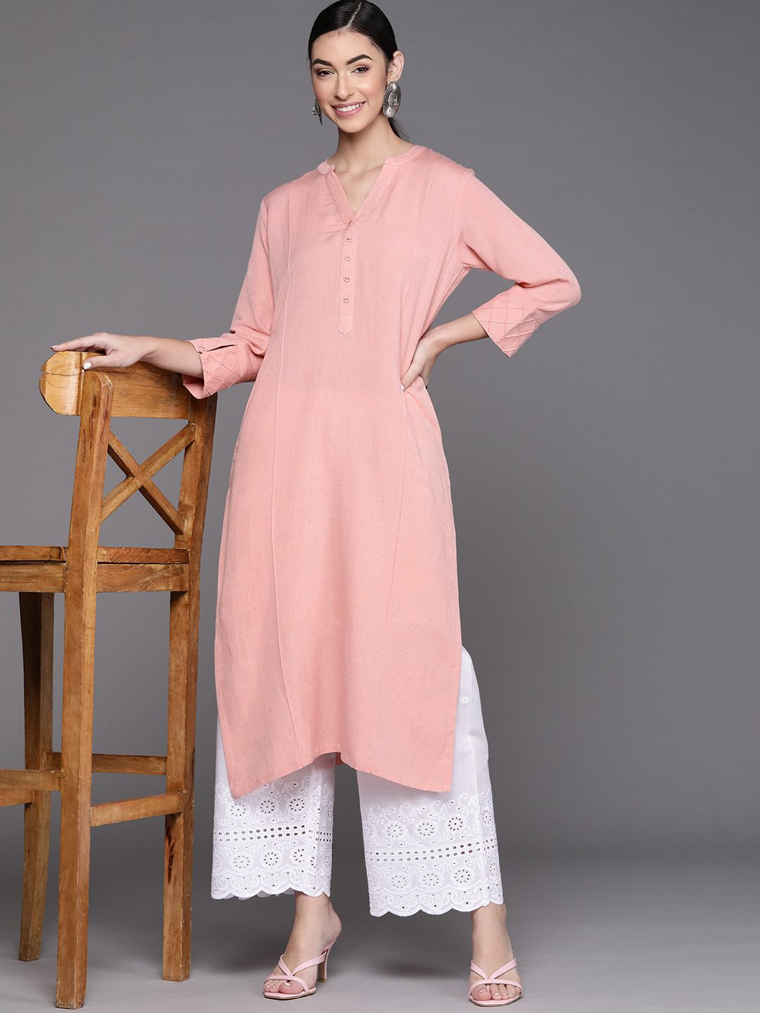 Libas Women Peach Pink Solid Mandarin Collar Cuffed Sleeves Pastels Pure Cotton Kurta Price in India