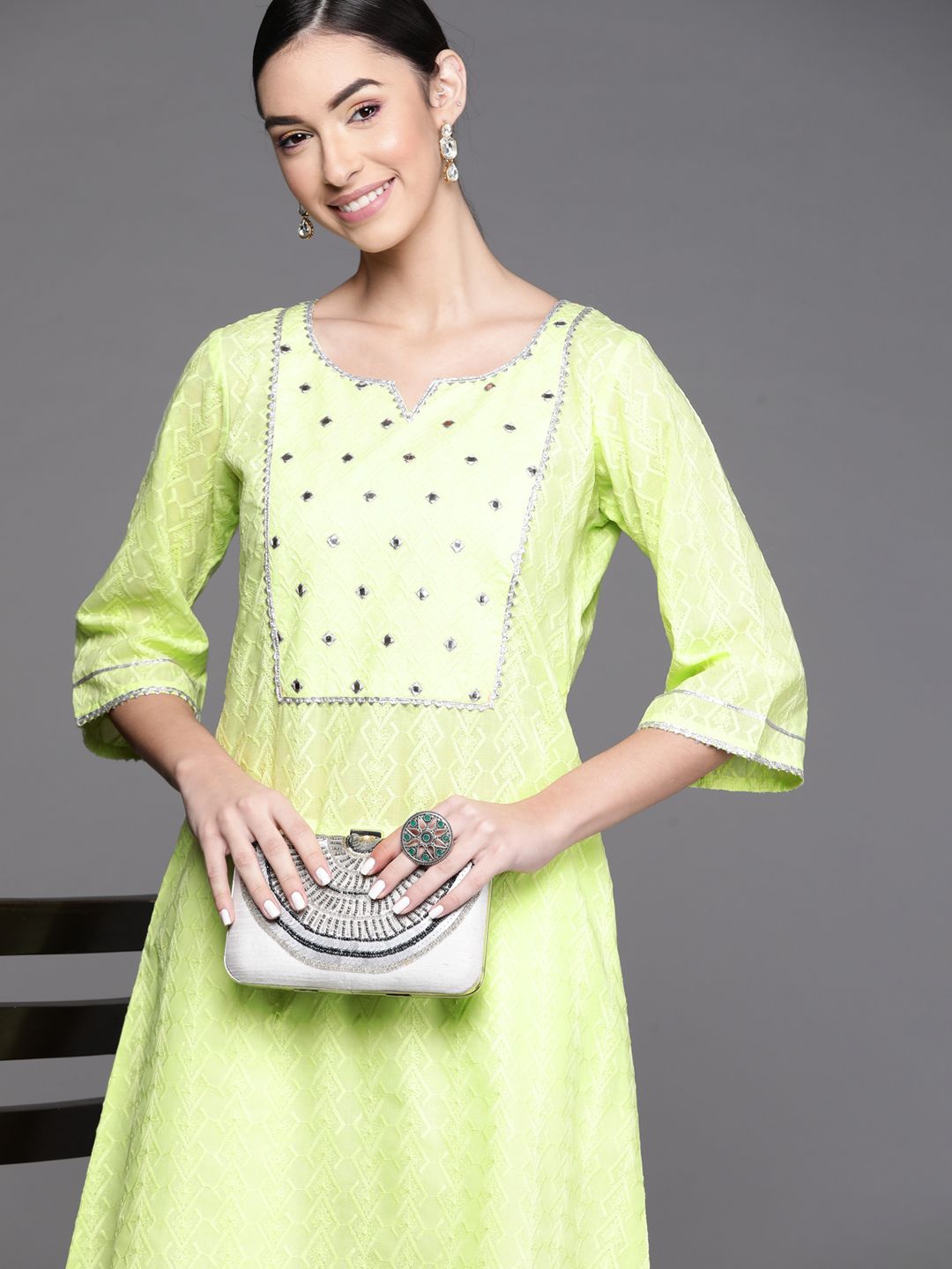 Libas Women Lime Green Ethnic Motifs Embroidered Flared Sleeves Gotta Patti Cotton Kurta Price in India