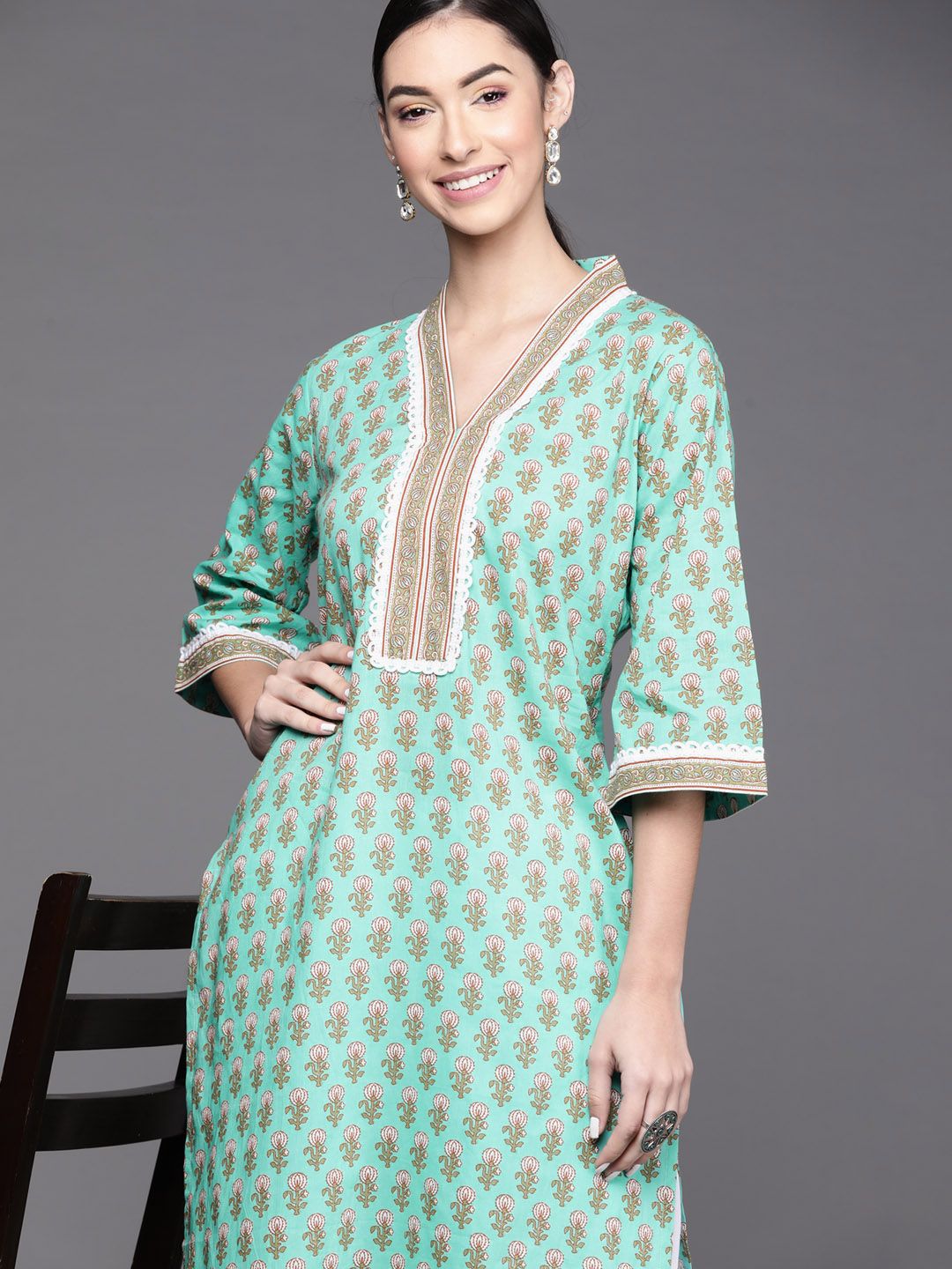 Libas Women Sea Green Ethnic Motifs Print V-Neck Flared Sleeves Laces Pure Cotton Kurta Price in India