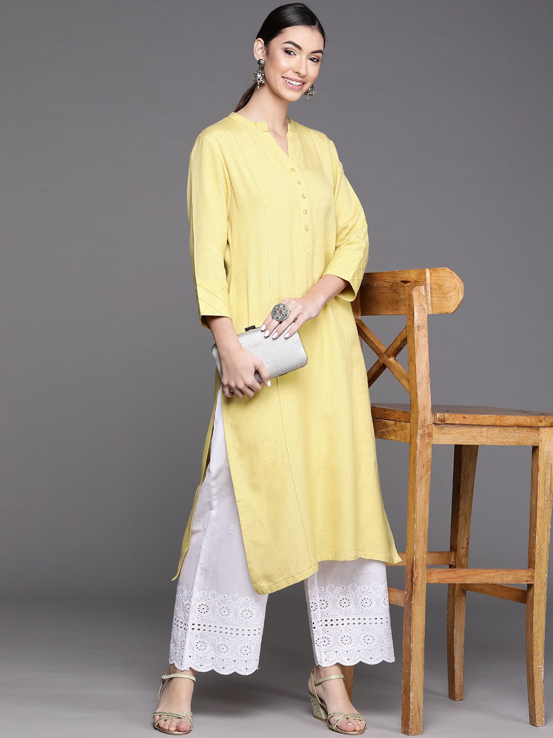 Libas Women Bright Yellow Solid Mandarin Collar Cuffed Sleeves Pure Cotton Straight Kurta Price in India