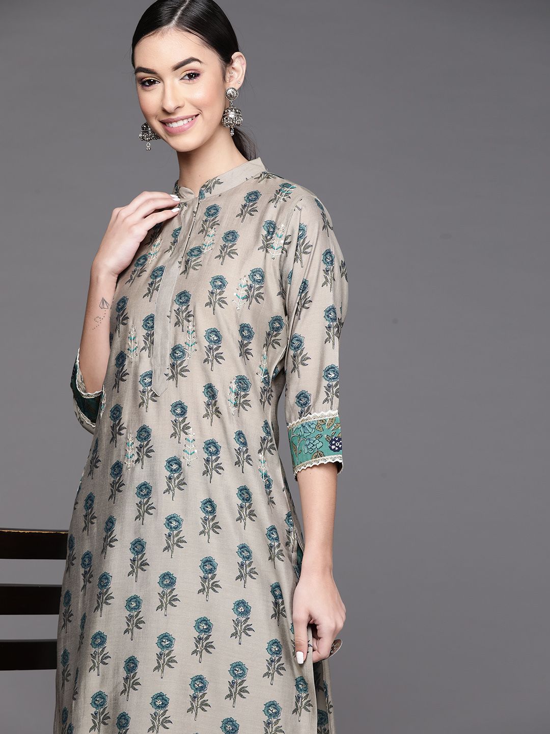 Libas Women Grey & Blue Floral Print Mandarin Collar Thread Work Chanderi Silk Kurta Price in India