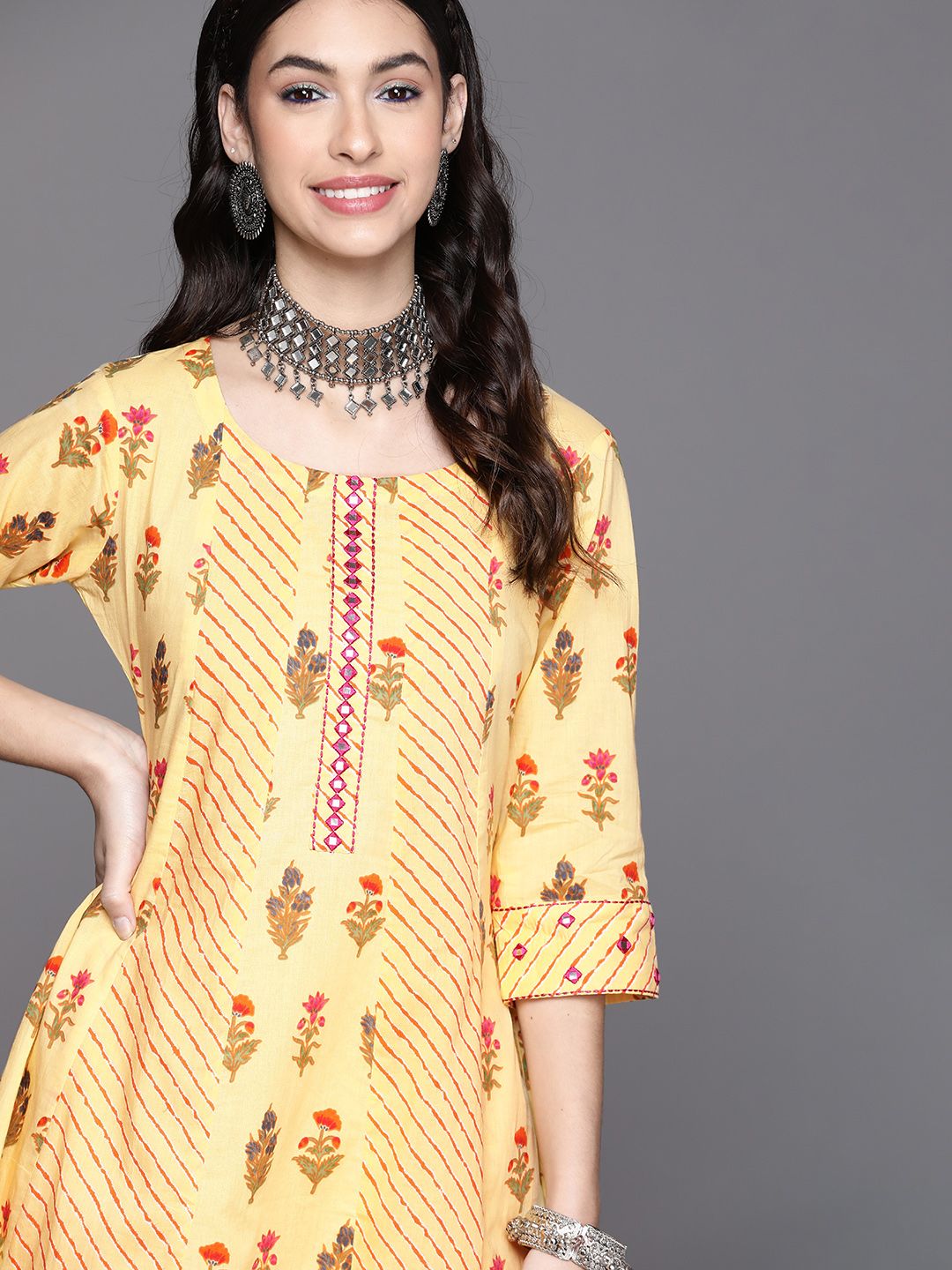 Libas Women Yellow Floral Printed Cotton A-line Kurta Price in India