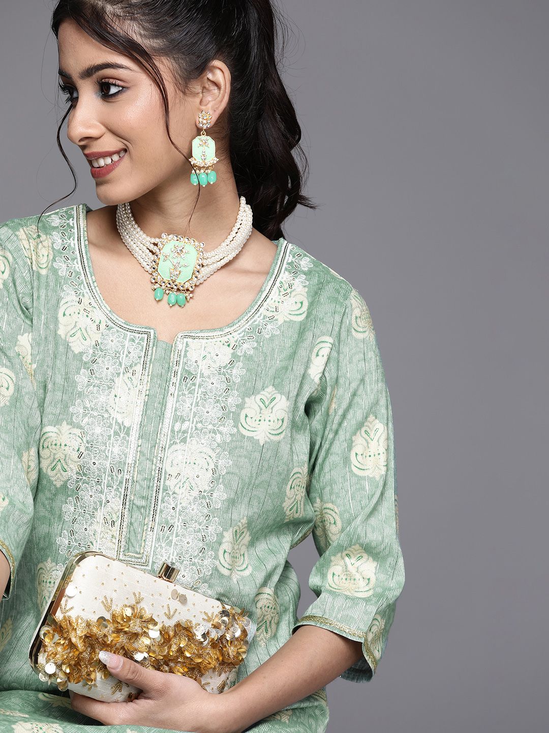 Libas Women Blue Paisley Yoke Design Gotta Patti Pastels Kurta