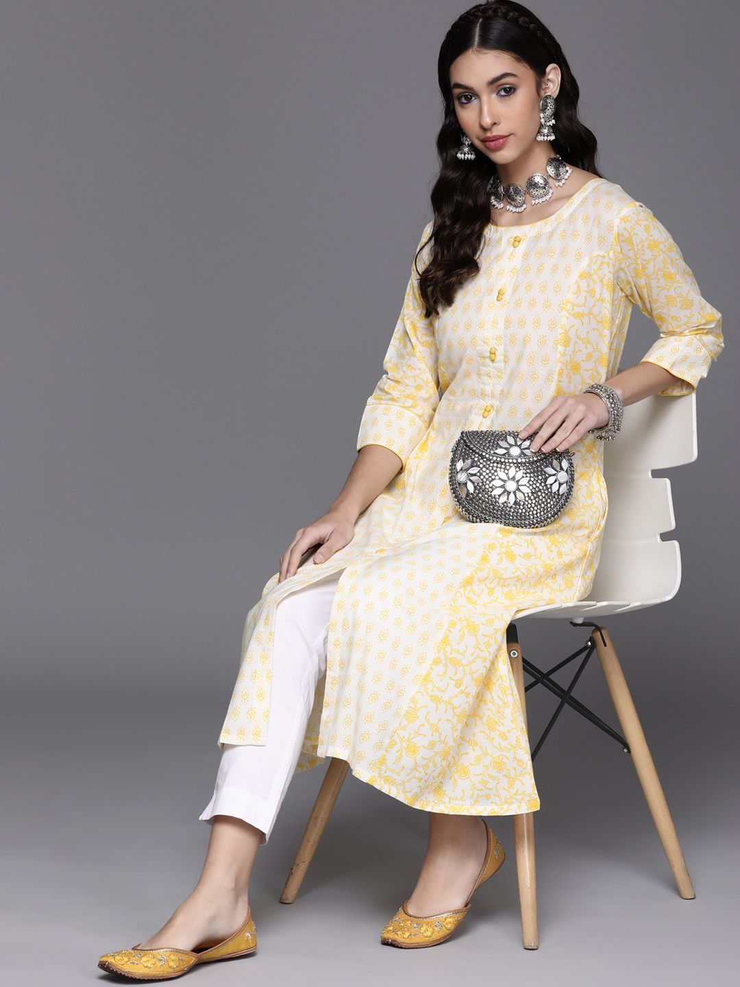 Libas Women Yellow & White Ethnic Motifs Printed Cotton A-line Kurta Price in India