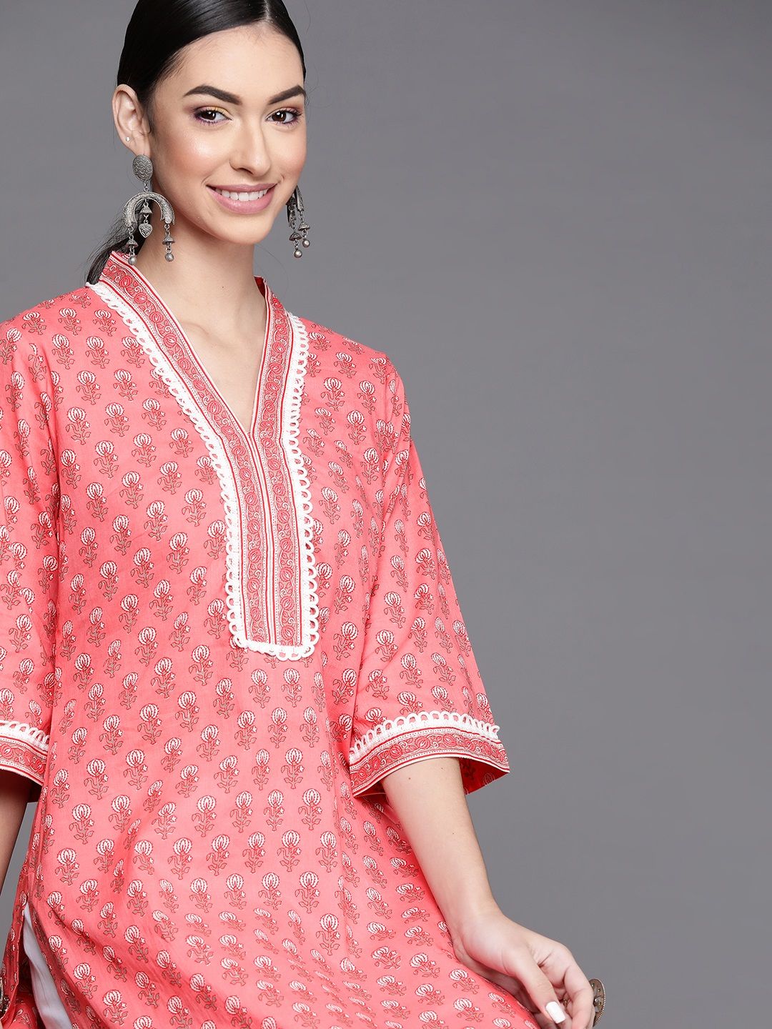 Libas Women Pink & White Ethnic Motifs Print V-Neck Flared Sleeves Laces Pure Cotton Kurta Price in India