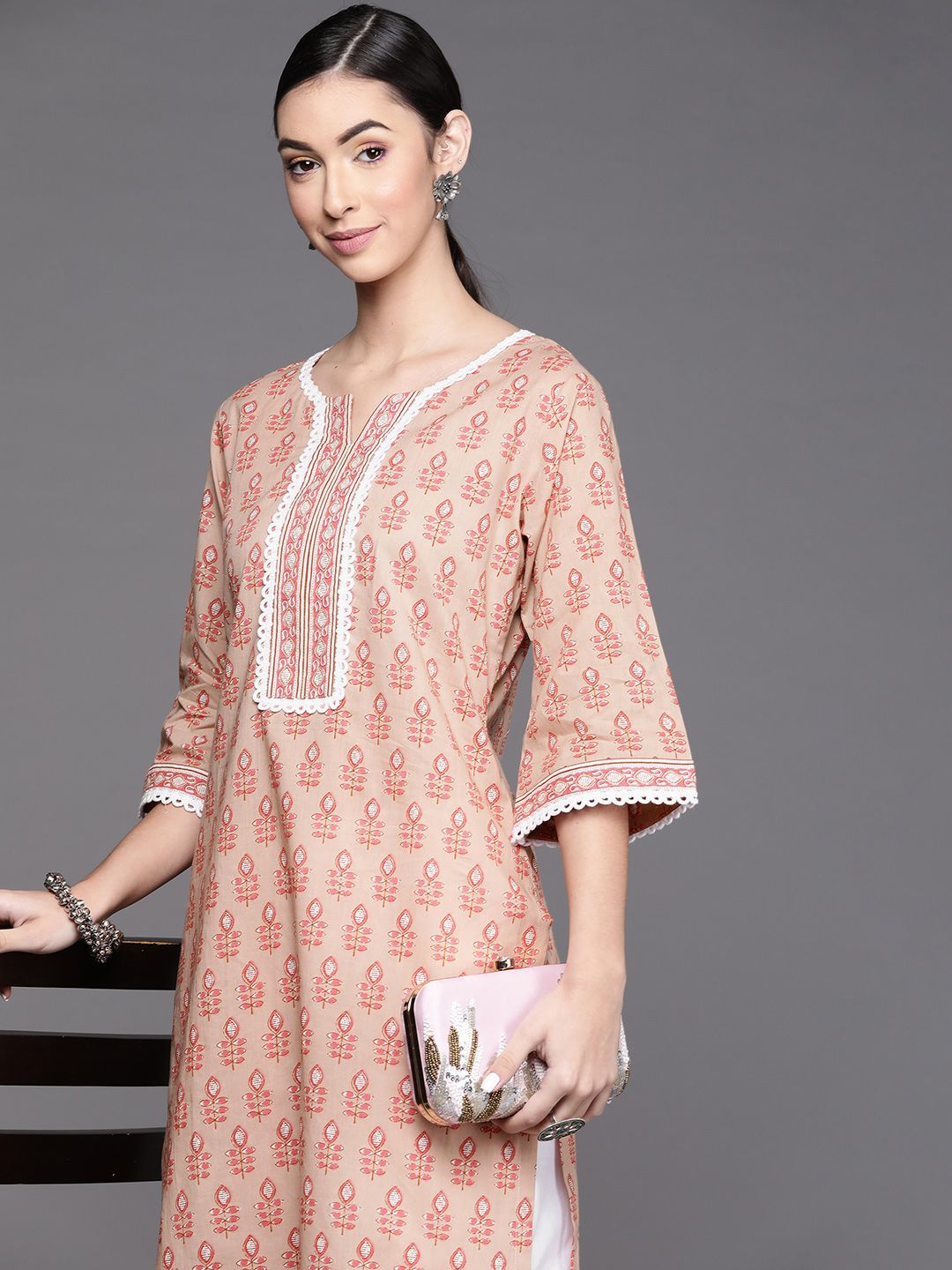Libas Women Peach Pink Ethnic Motifs Print Flared Sleeves Laces Pure Cotton Straight Kurta Price in India