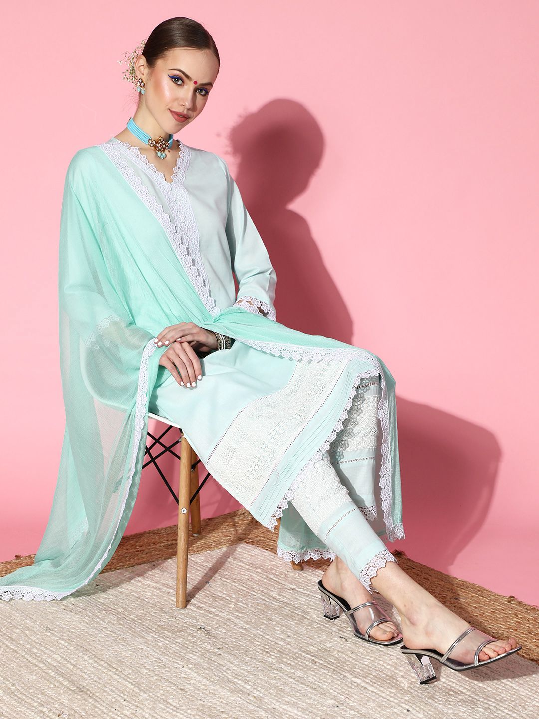 Sangria Women Turquoise Blue Ethnic Motifs Embroidered Thread Work Kurta with Trousers & With Dupatta Price in India