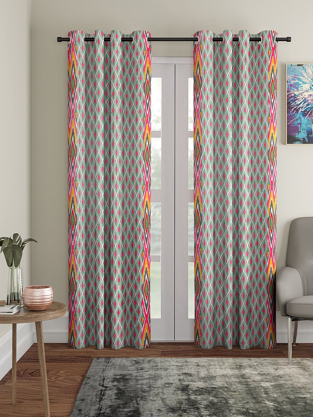BLANC9 White & Pink Set of 2 Geometric Long Door Curtain Price in India