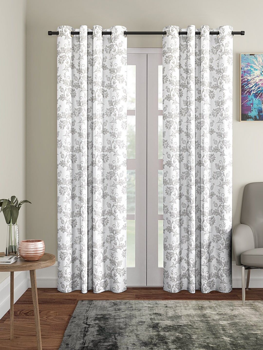 BLANC9 Set of 2 Grey & White Floral Printed Cotton Long Door Curtain Price in India