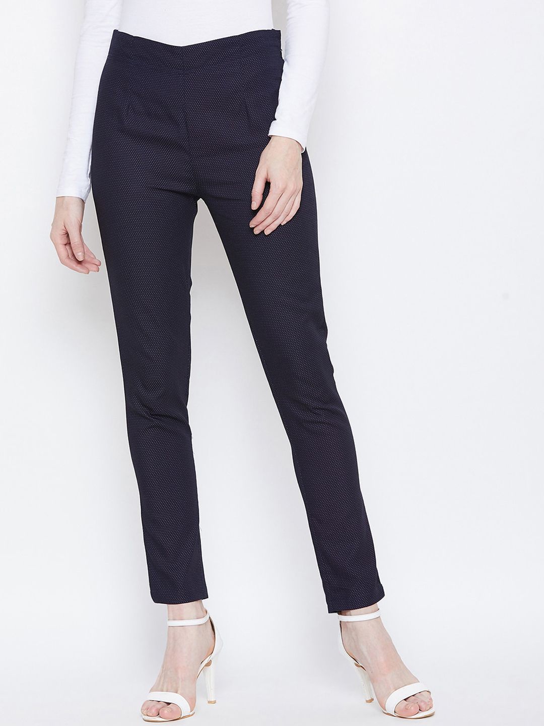 Ruhaans Women Navy Blue Printed Smart Slim Fit Trousers Price in India