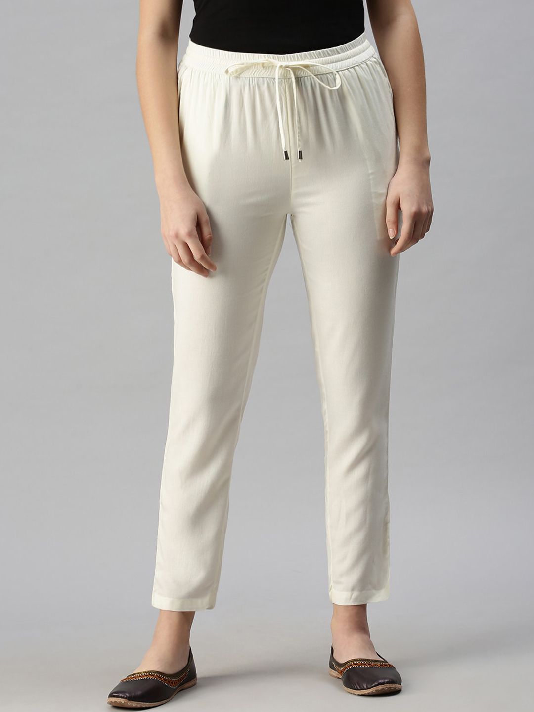 De Moza Women Off White Solid Trousers Price in India