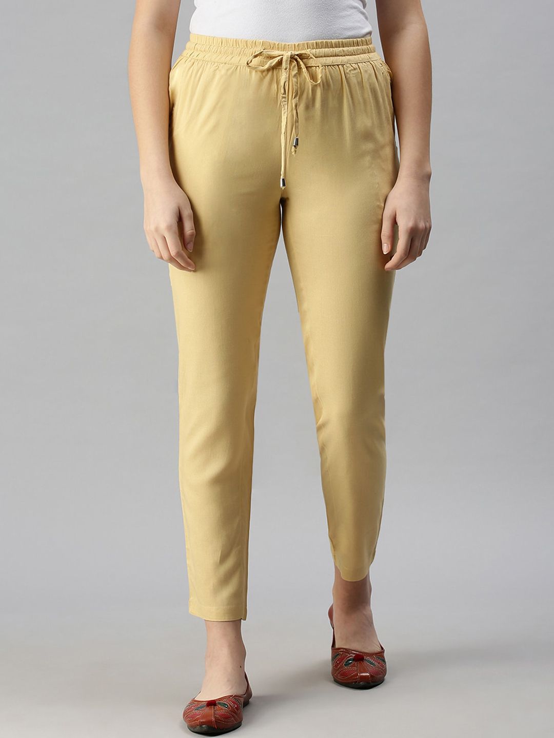 De Moza Women Beige Relaxed Straight Leg Trousers Price in India