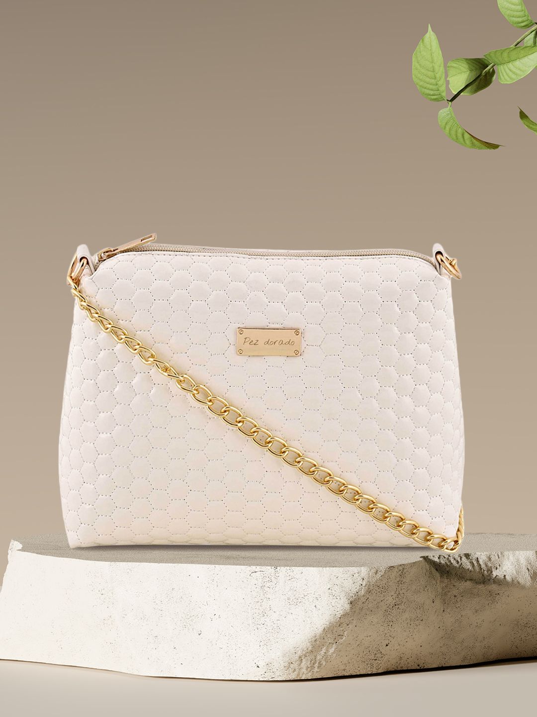 Pez dorado White Textured Structured Sling Bag Price in India