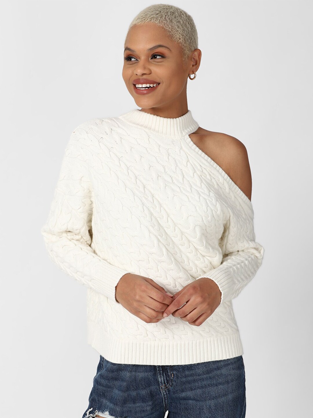 FOREVER 21 Women Cream-Coloured Ribbed Pullover Price in India