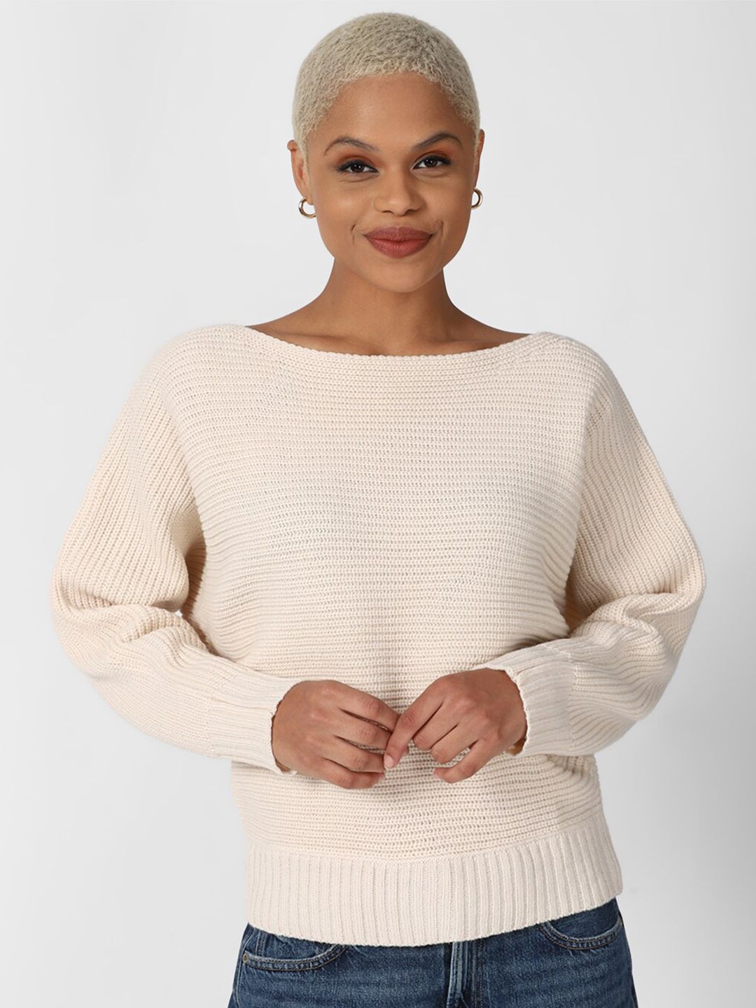 FOREVER 21 Women Beige Open Knit Pullover Price in India