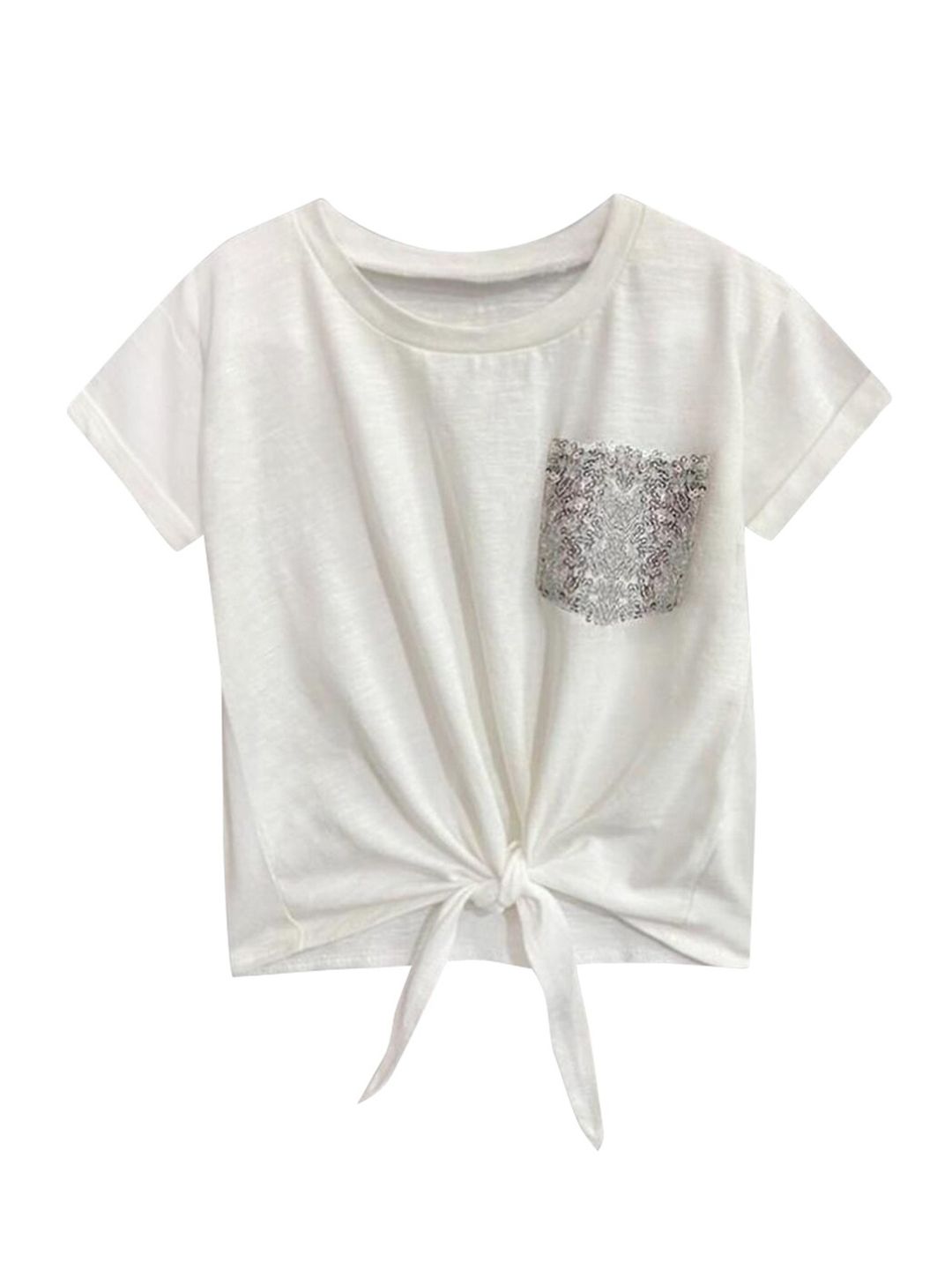 A T U N Girls White Front Knot Pure Cotton Top with Embellished Pocket