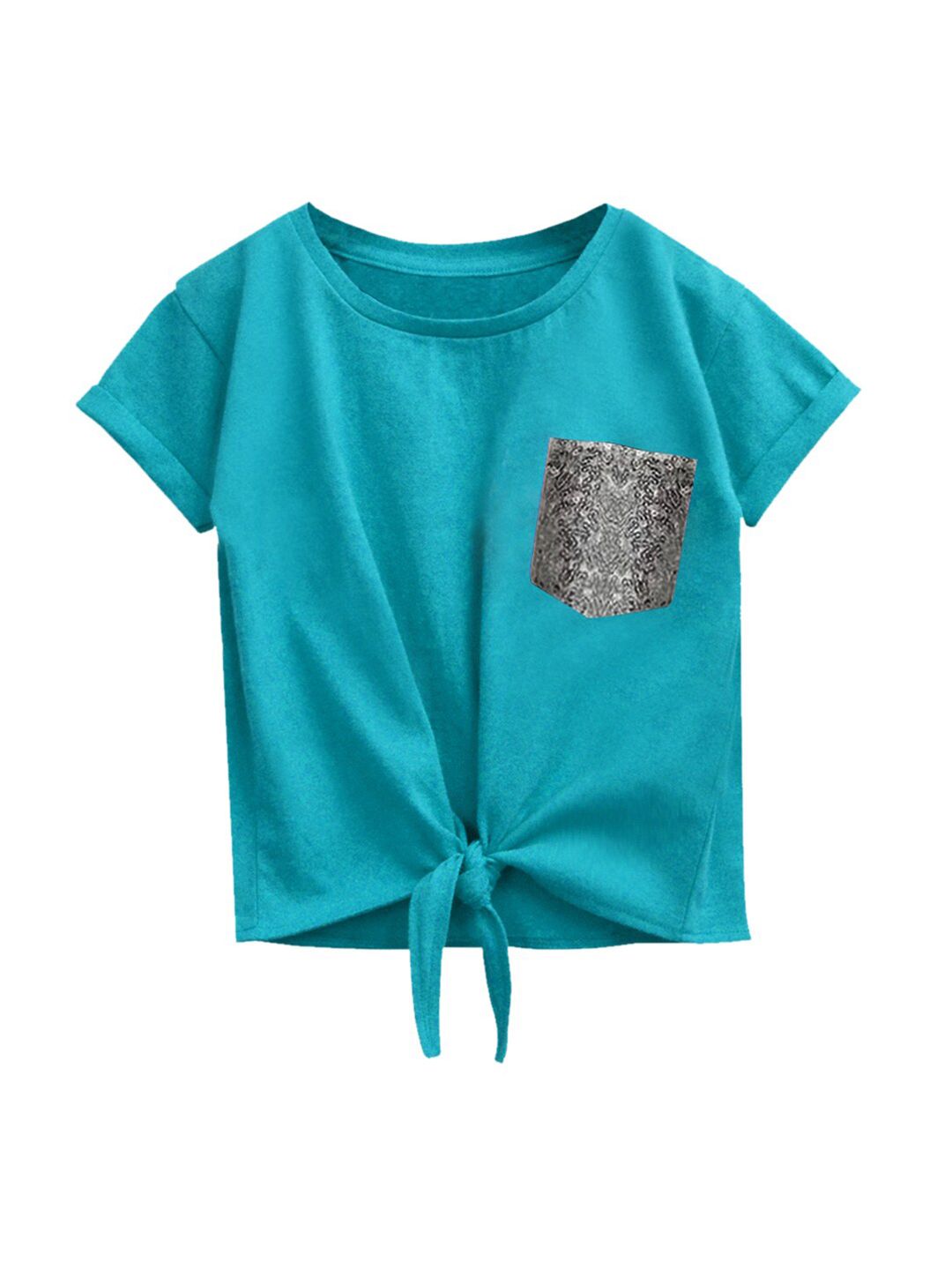 A.T.U.N. Girls Teal Sequined Knotted Pure Cotton Top