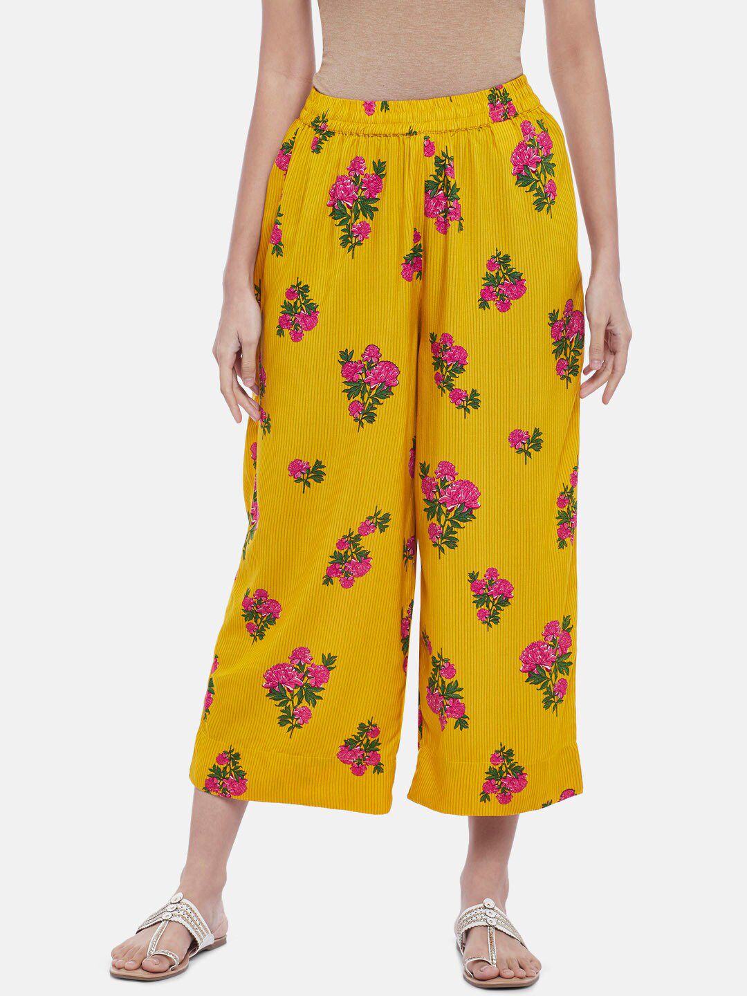 RANGMANCH BY PANTALOONS Women Yellow & Pink Floral Printed Ethnic Palazzos Price in India