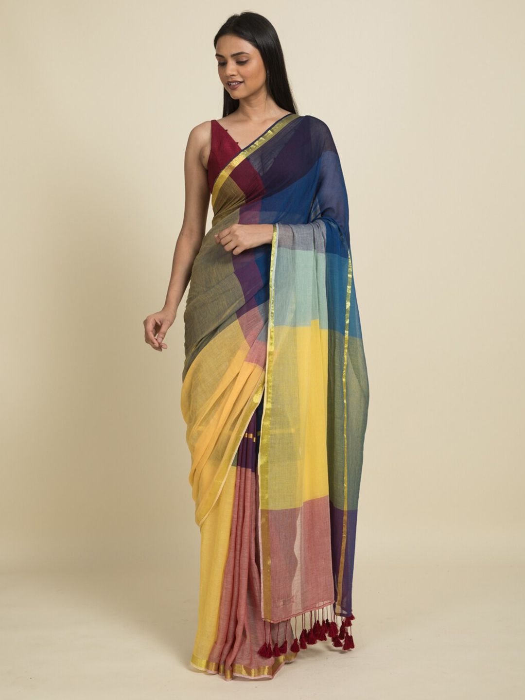 Suta Blue & Yellow Colourblocked Zari Saree