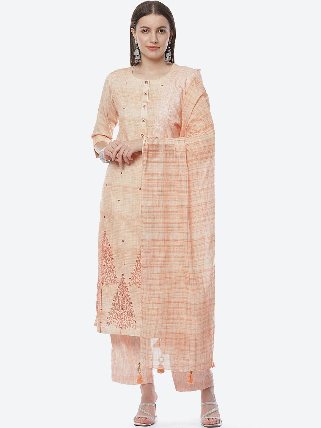 Biba Orange & Cream-Coloured Printed Pure Cotton Unstitched Dress Material Price in India