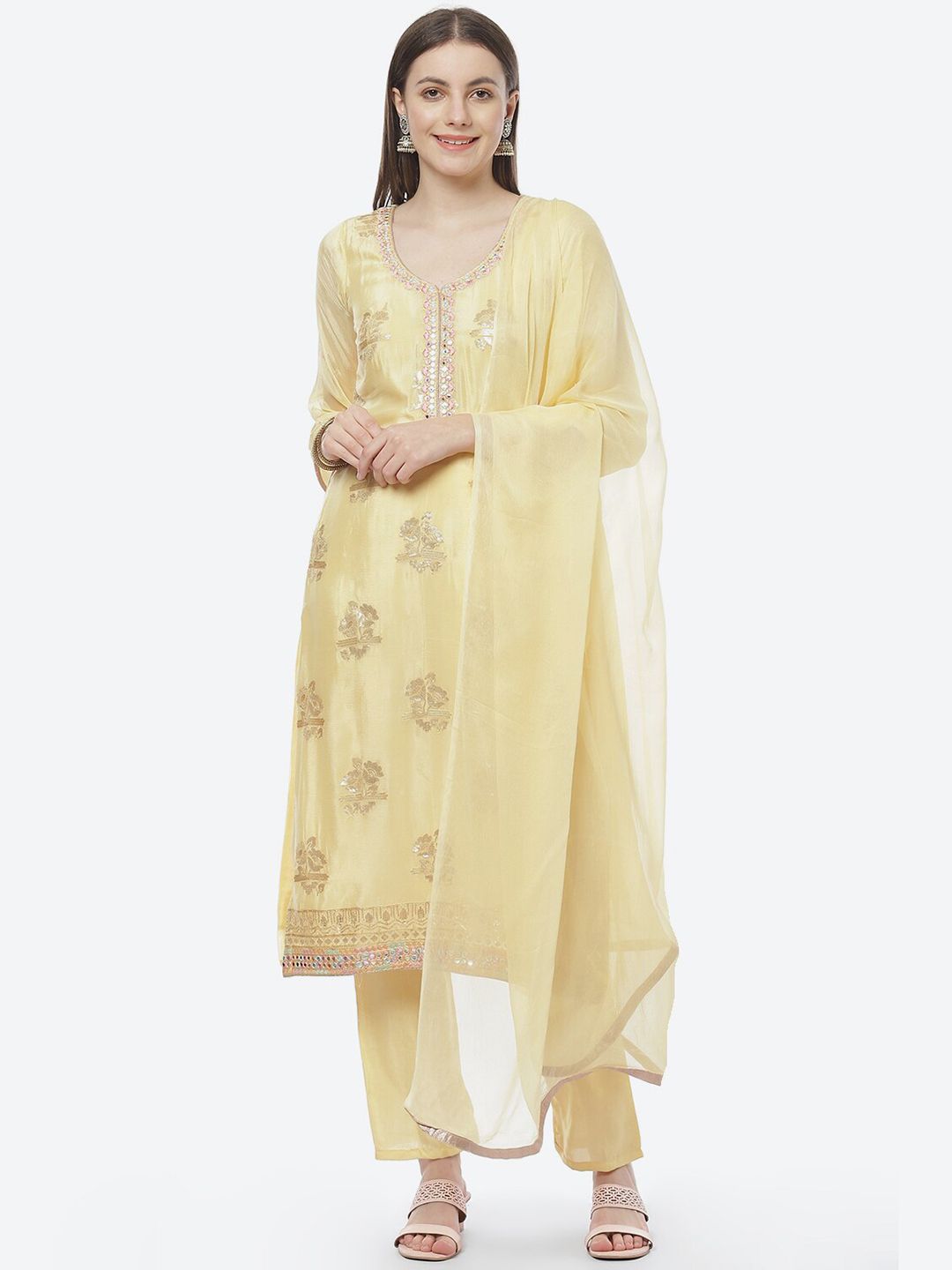 Biba Yellow & Gold-Toned Embroidered Pure Silk Unstitched Dress Material Price in India