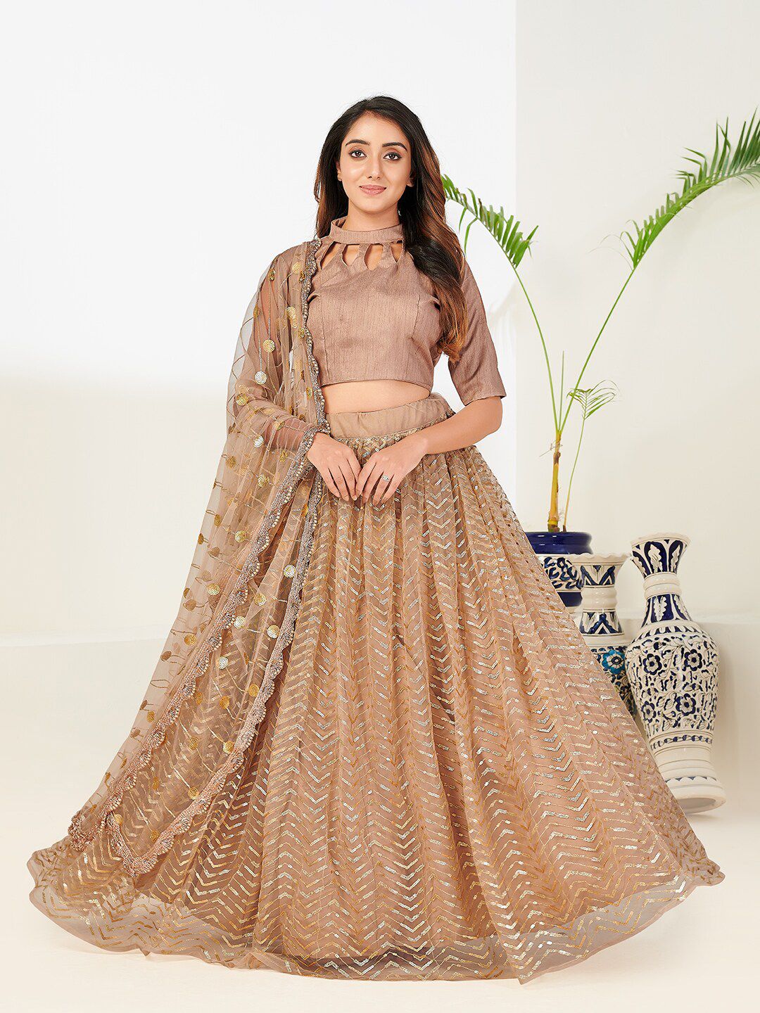 SHOPGARB Beige & Gold-Toned Sequinned Semi-Stitched Lehenga & Unstitched Blouse With Dupatta Price in India
