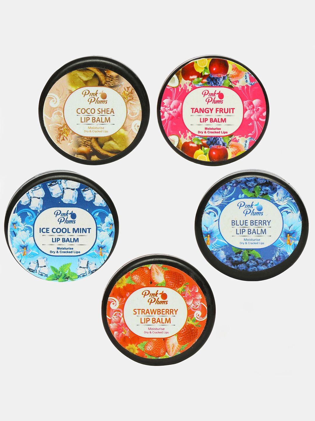 Pink Plums Set of 5 Coco Shea, Tangy Fruit, Ice Cool Mint, Blue Berry &Strawberry Lip Balm Price in India