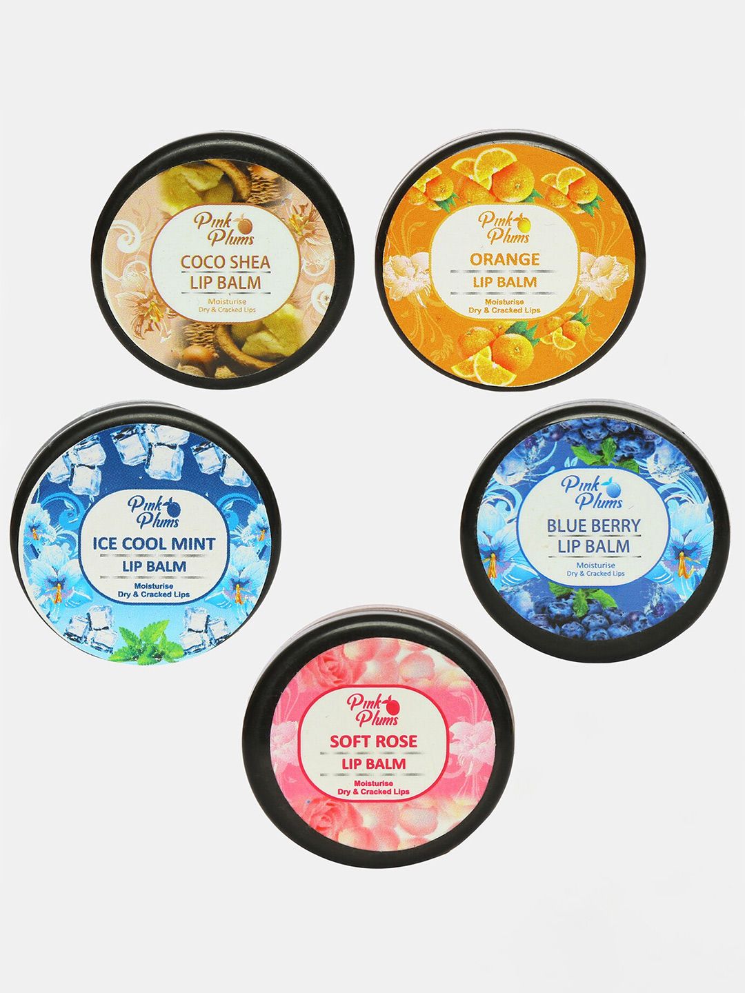 Pink Plums Set of 5 Coco Shea Ice Cool Mint Blue Berry Orange Lip Balms- 10ml Each Price in India