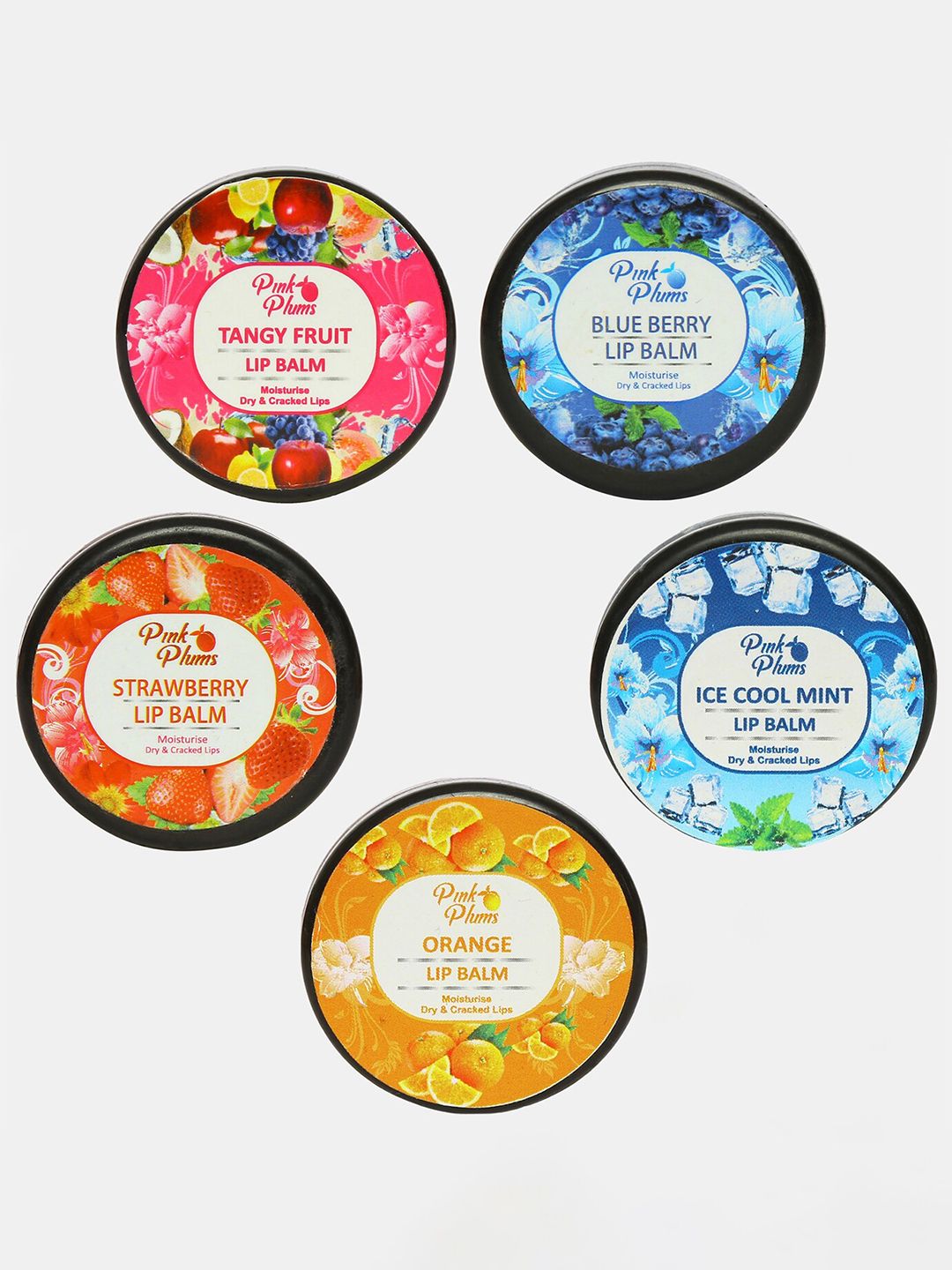 Pink Plums Set Of 5 Orange, Fruit Extracts, Mint & Blue Berry Lip Balm 10 ml Each Price in India