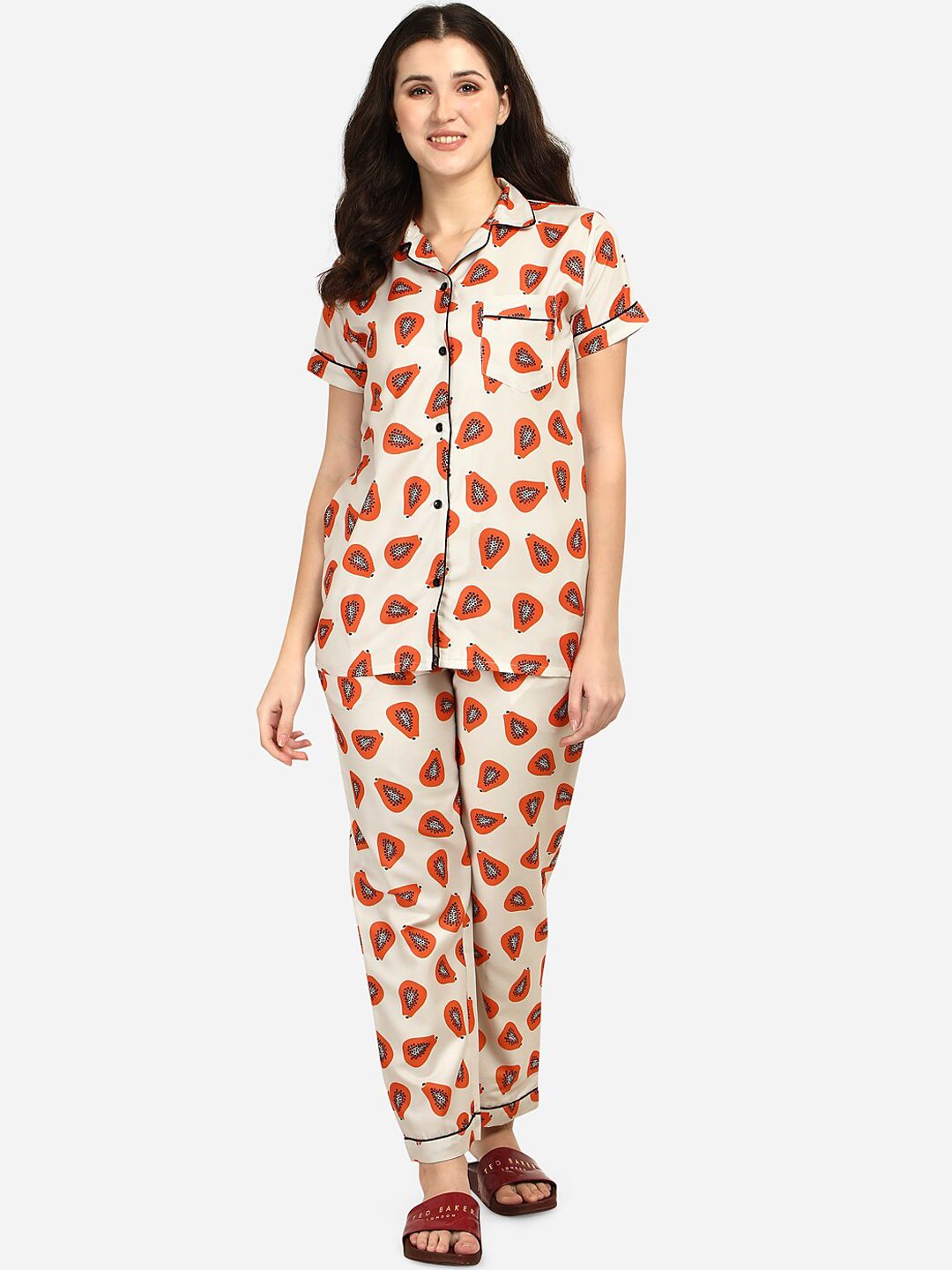 House of JAMMIES Women Cream-Coloured & Orange Printed Night Suit Price in India