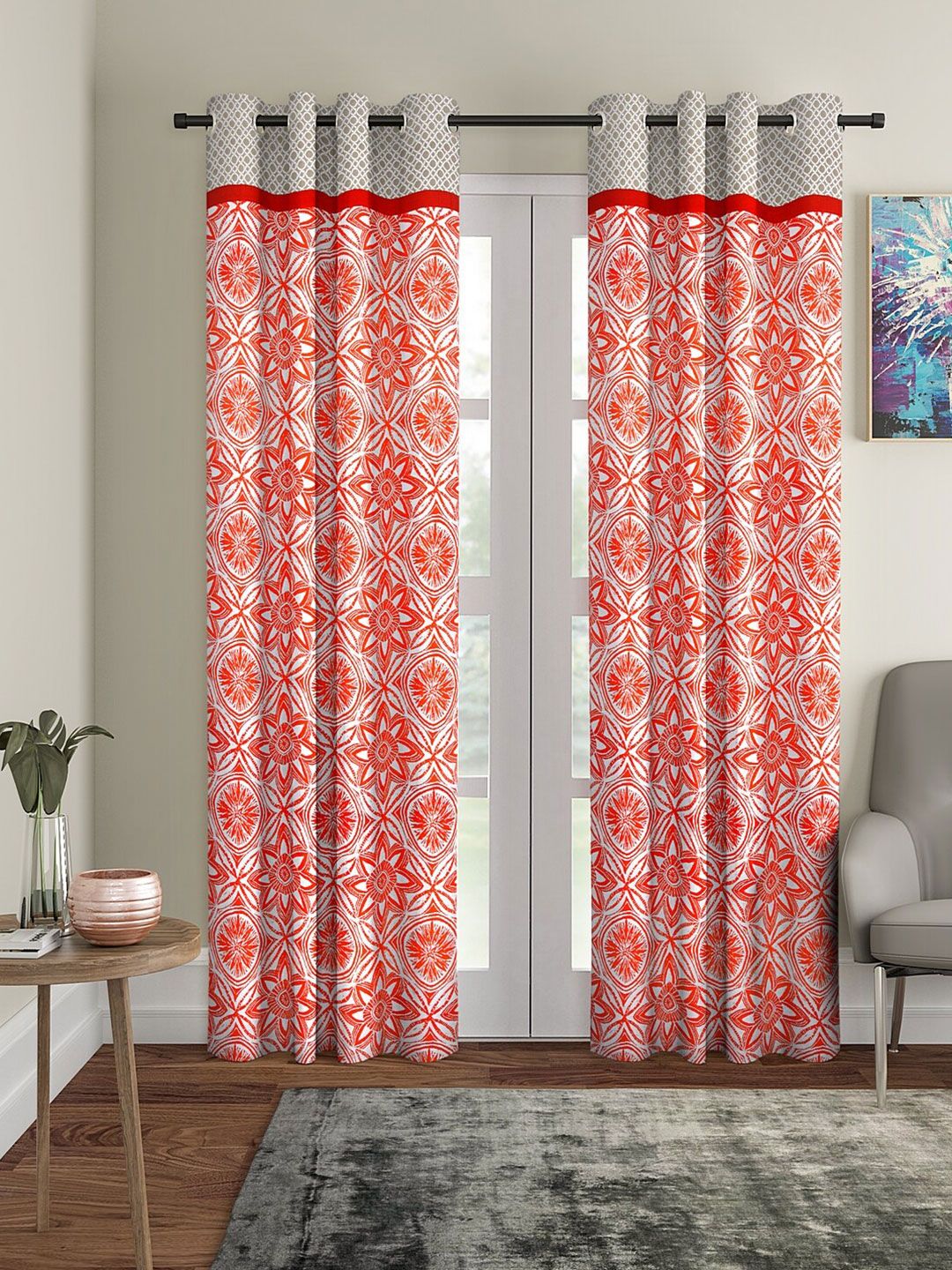 BLANC9 Orange & White Set of 2 Long Door Curtains Price in India