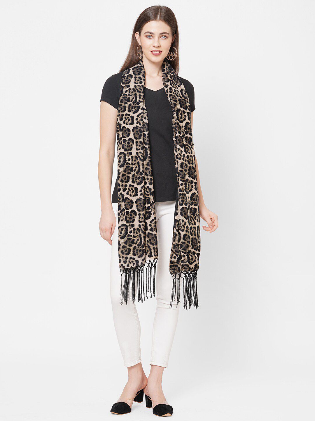 Cloth Haus India Women Beige & Black Leopard Printed Velvet Scarf Price in India