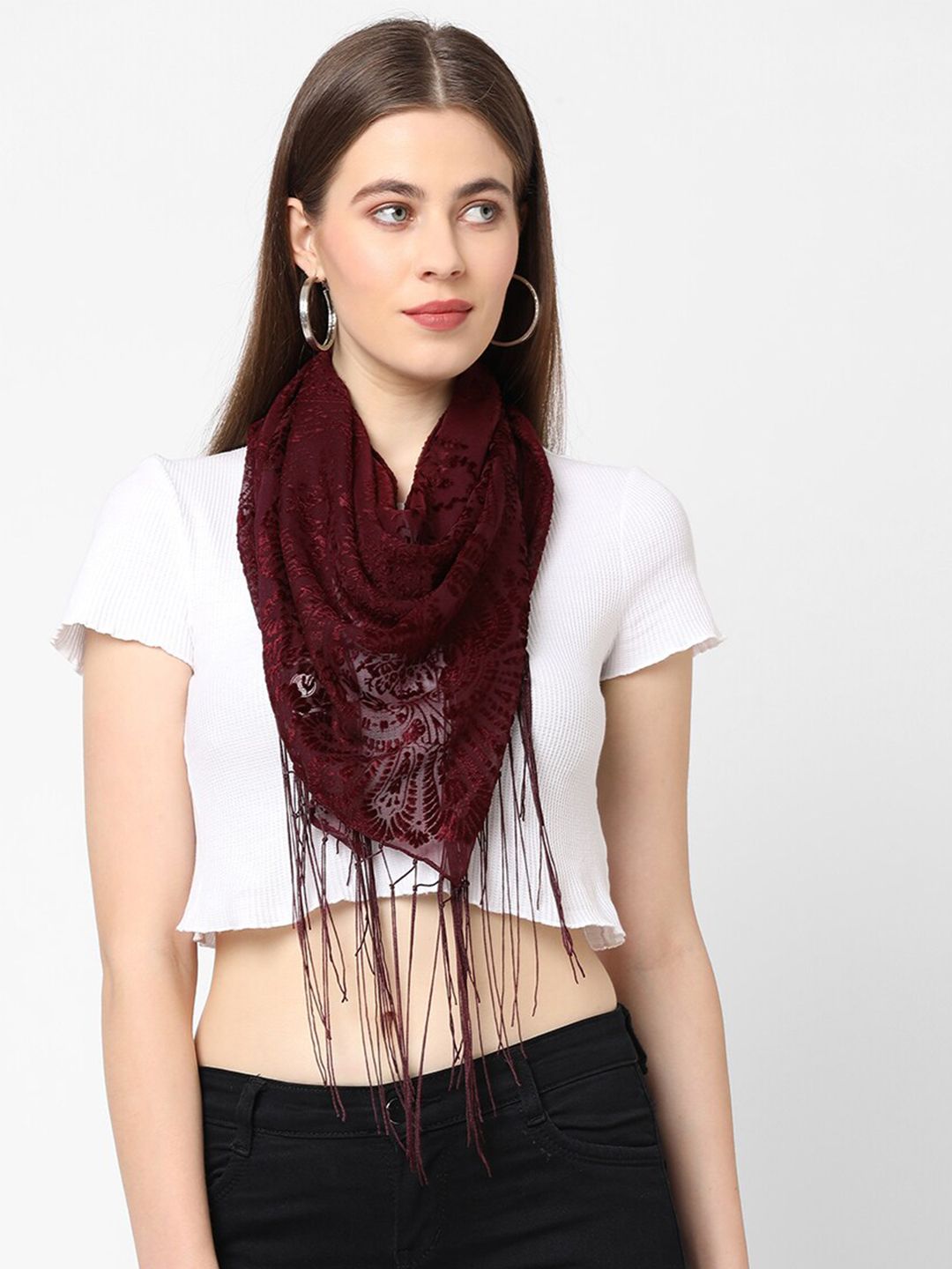 Cloth Haus India Women Maroon Triangular Burnout Velvet Scarf Price in India