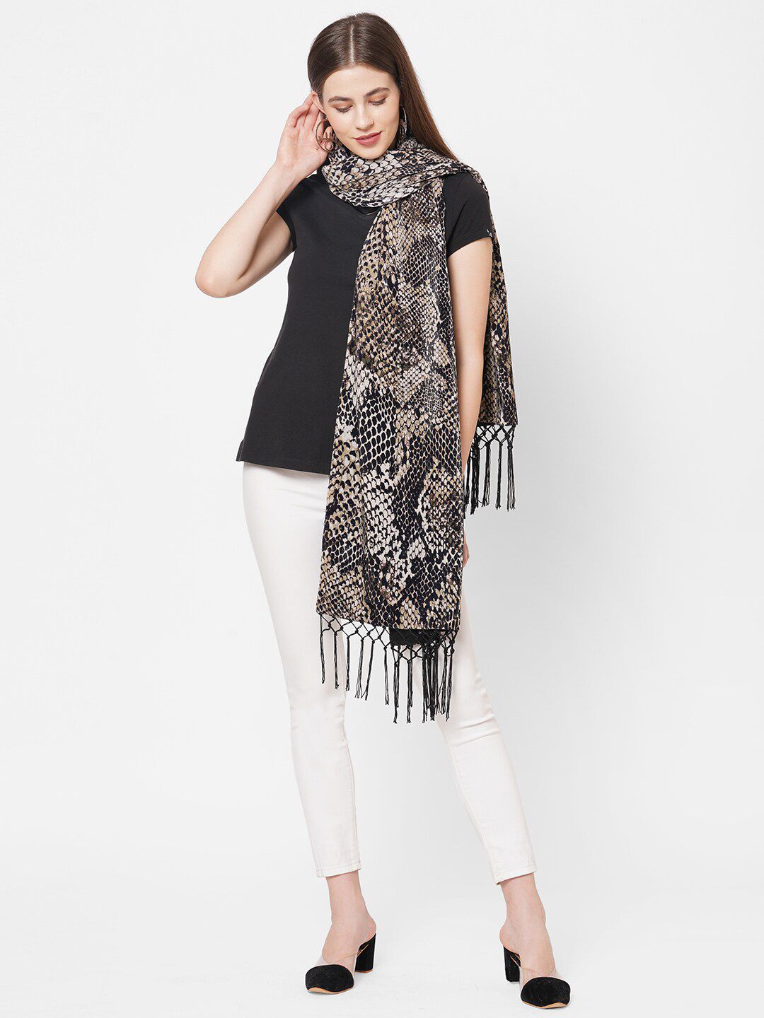 Cloth Haus India Women Beige & Black Printed Scarf Price in India