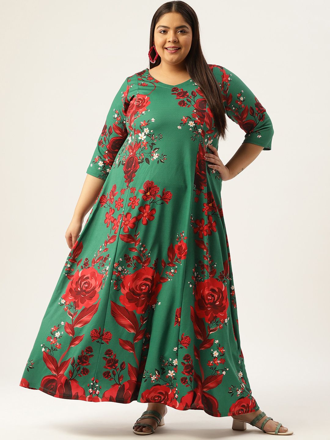 Amydus Women Plus Size Green & Red Floral Maxi Dress Price in India