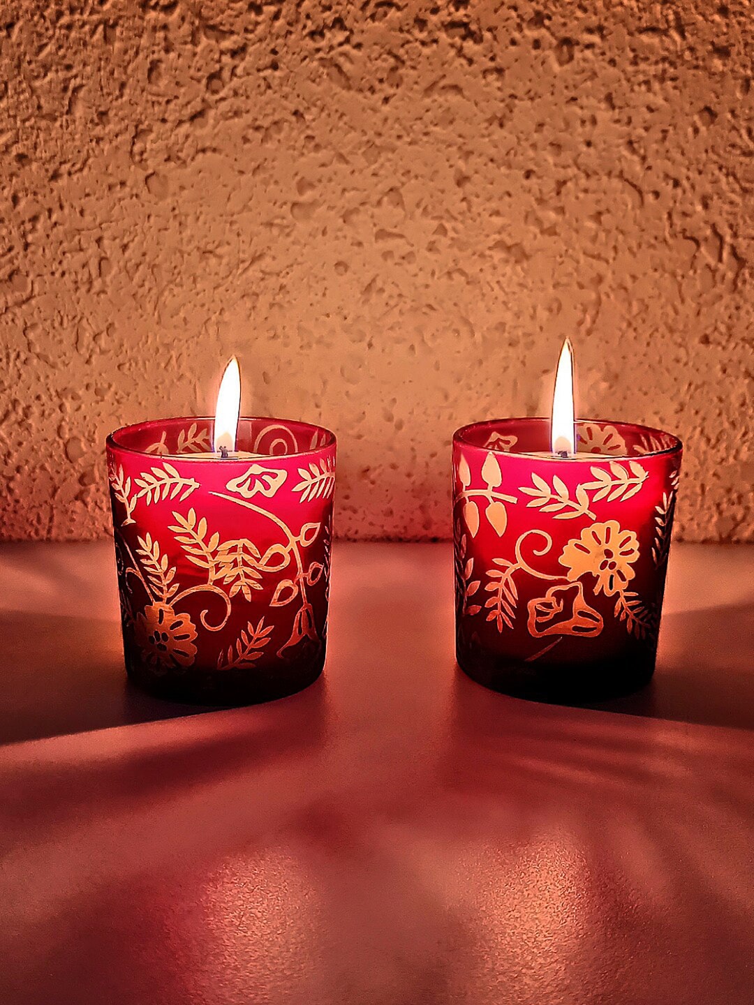 StyleMyWay Set Of 2 Maroon & Gold-Toned Glass Votive Fragrant Candles With Lid Price in India