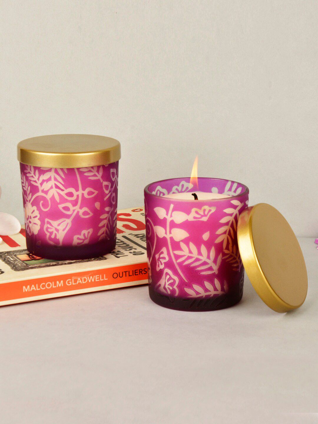 StyleMyWay Set Of 2 Purple & Gold-Toned Glass Votive Fragrant Candles With Lid Price in India