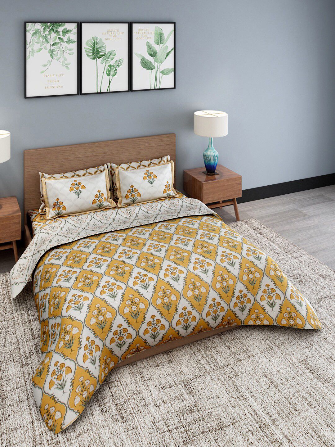 Rajasthan Decor Set Of 4 Mustard & White Printed Cotton Double Bedding Set With Pillow Covers & Comforter Price in India