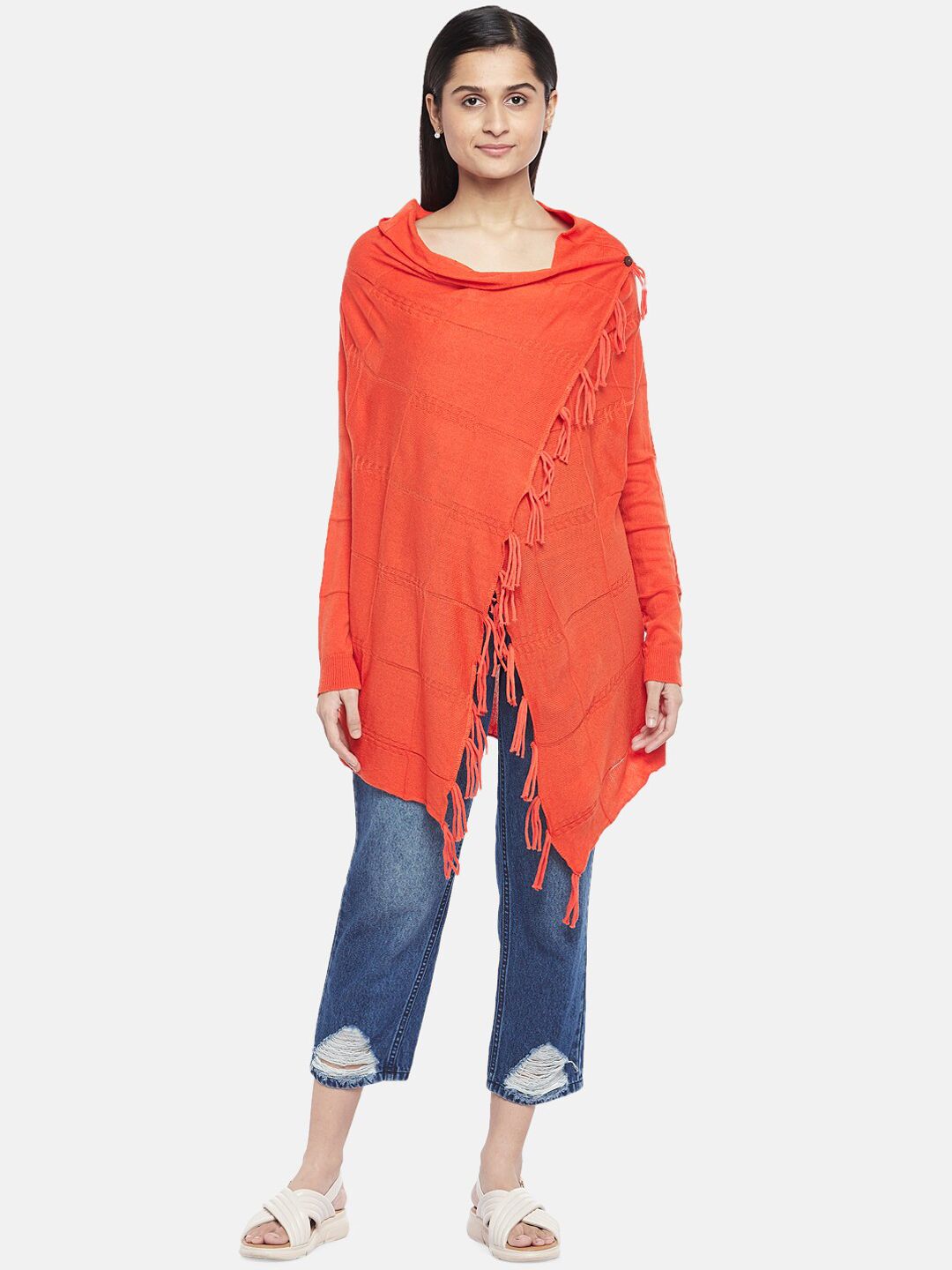 People Women Orange Acrylic Longline Poncho Price in India